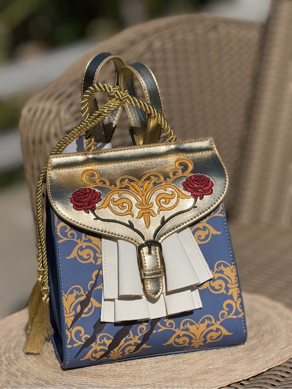 Danielle Nicole Gold, Blue & White Embroidered Mini Backpack
